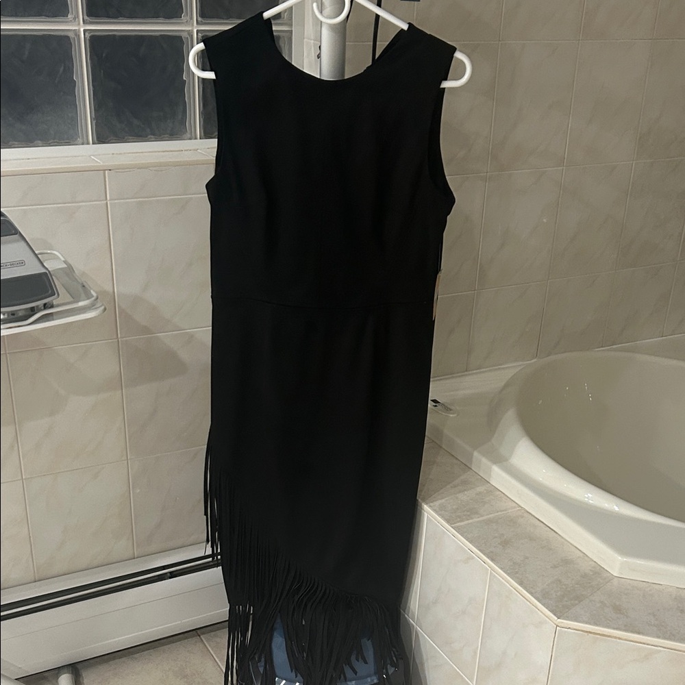Rachel Zoe Elegant Black Fringe Midi Dress